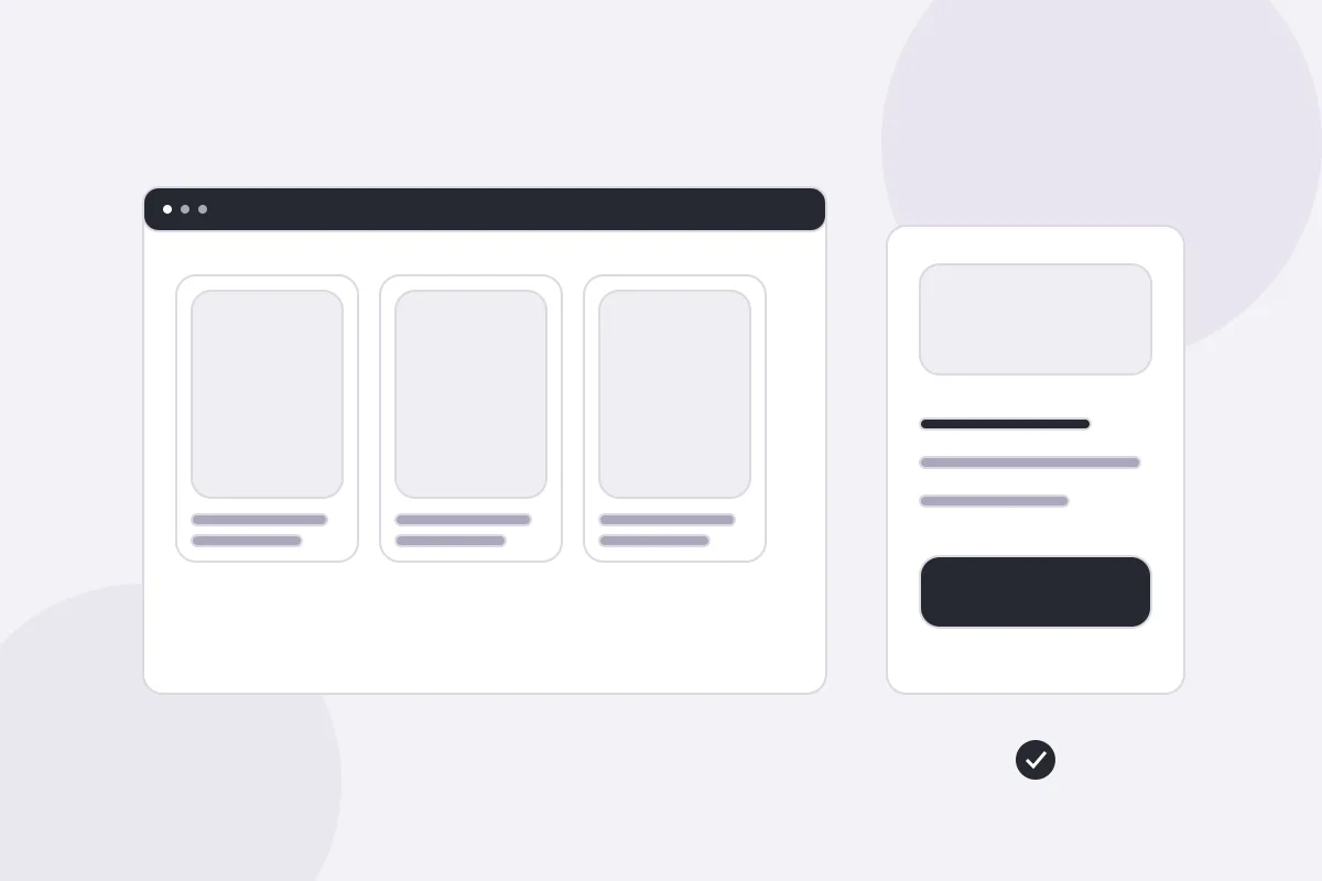 Illustration of an online store product grid beside a checkout and order confirmation